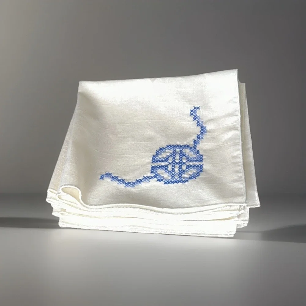 Vintage Hand Embroidered Linen Napkins Set 8 Blue Monogram Cross Stitch USA